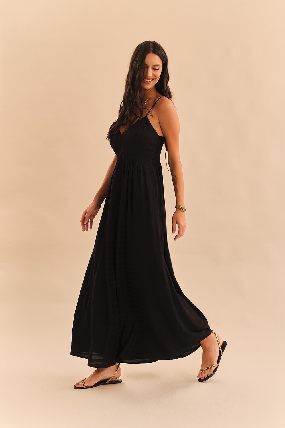 Vestido Maquinetado Stripe Preto