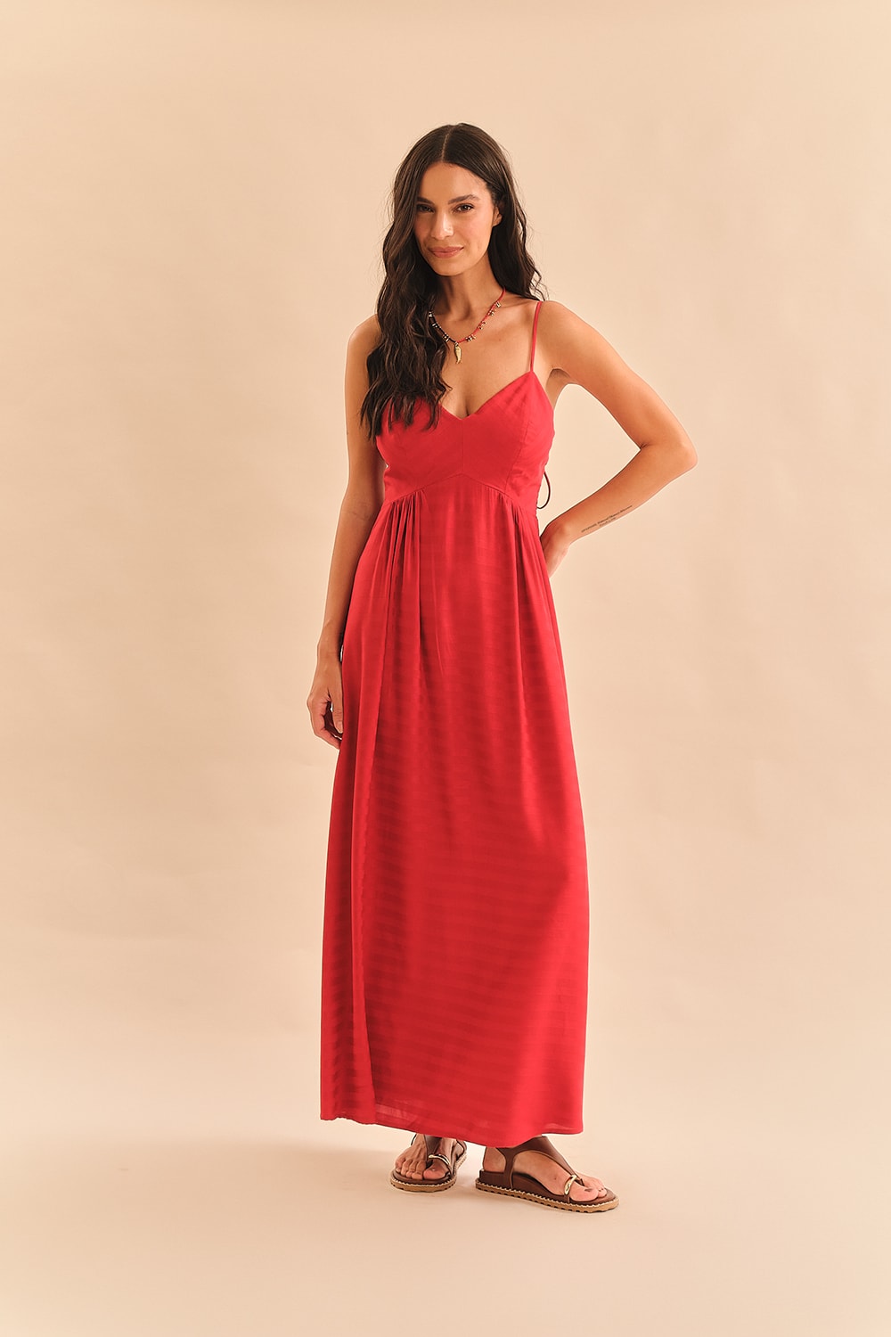 Vestido Maquinetado Stripe Vermelho Tinto