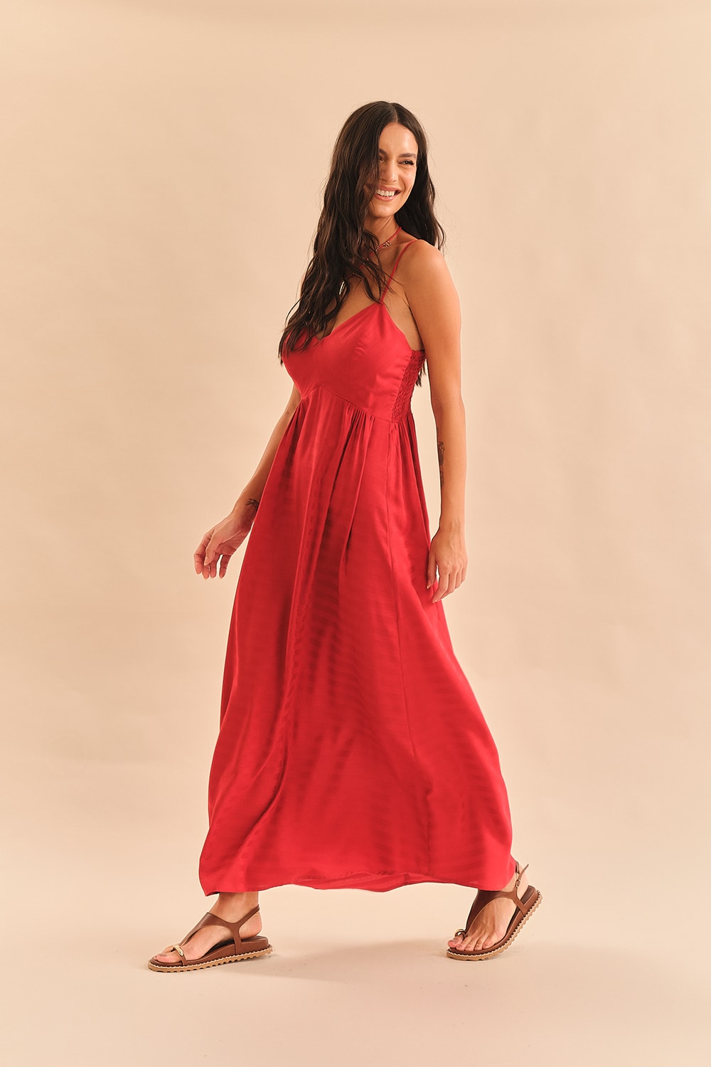 Vestido Maquinetado Stripe Vermelho Tinto