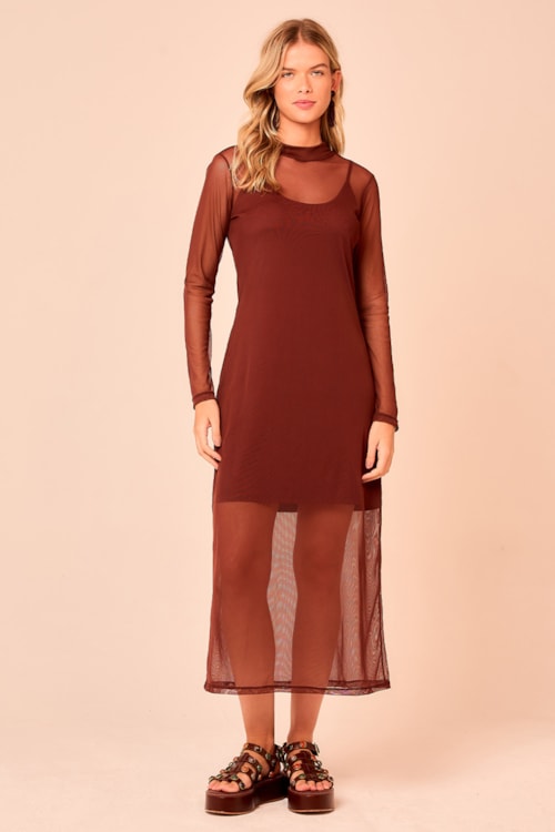 Vestido Tule Gola Alta Marrom Cacau - foto 1