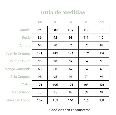 Tabela de medidas Peahi